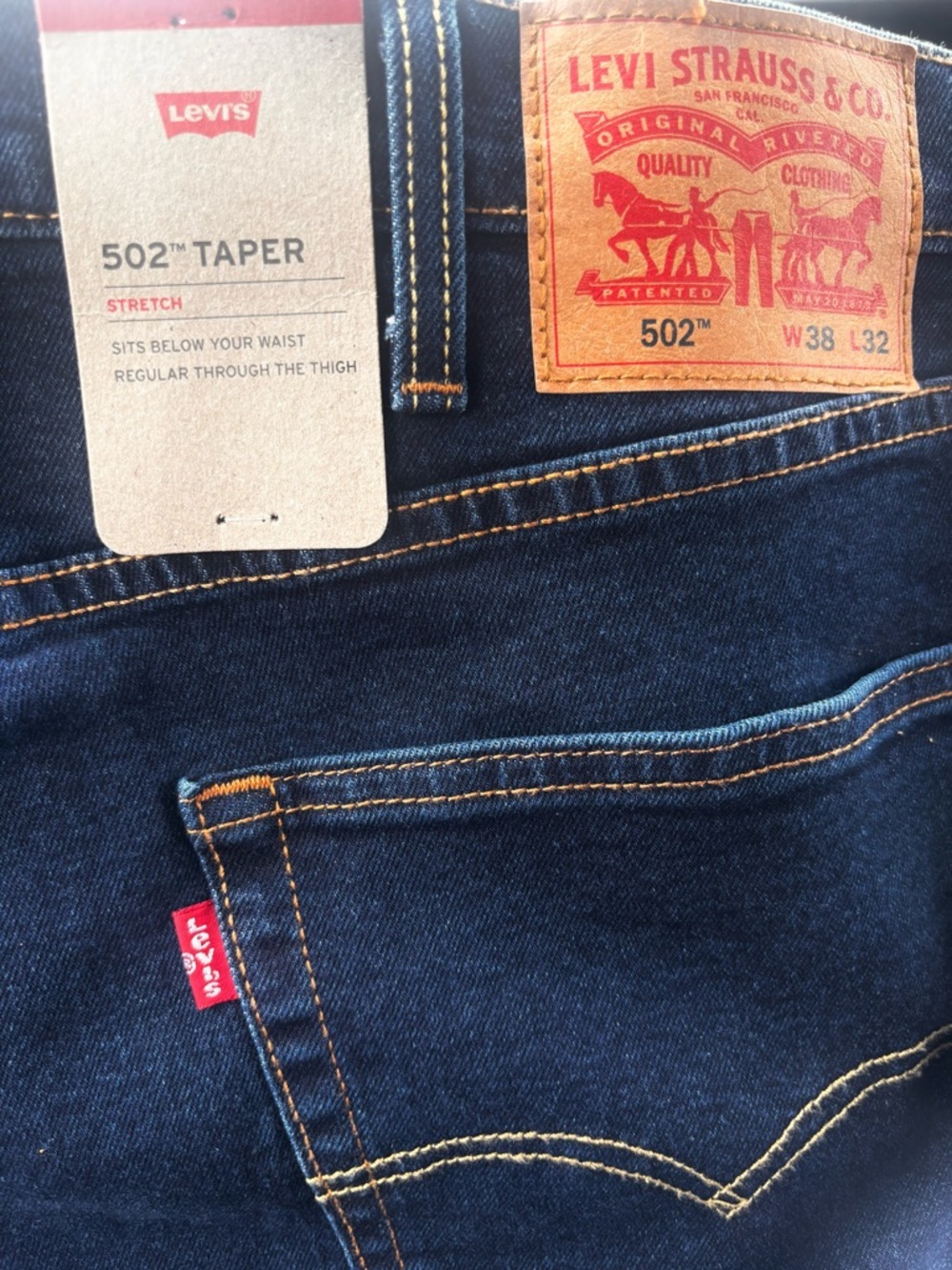 Levi's 502 Taper Men's Jeans - Dark Indigo with Contrast Stitching size 38x32